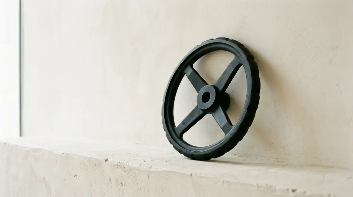 A black cast iron flywheel with four spokes leaning against a plaster wall on a stone ledge