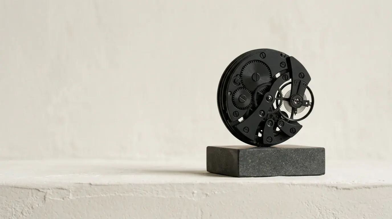 A dark circular mechanism disc raised on a low basalt plinth, its cut-outs catching the light