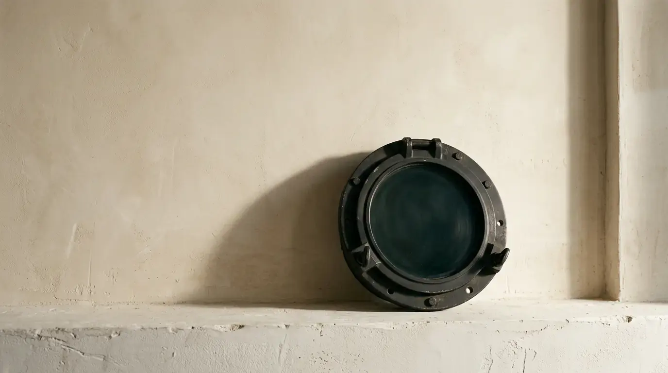 A heavy metal porthole with dark green glass standing against a plaster wall, throwing a long shadow.