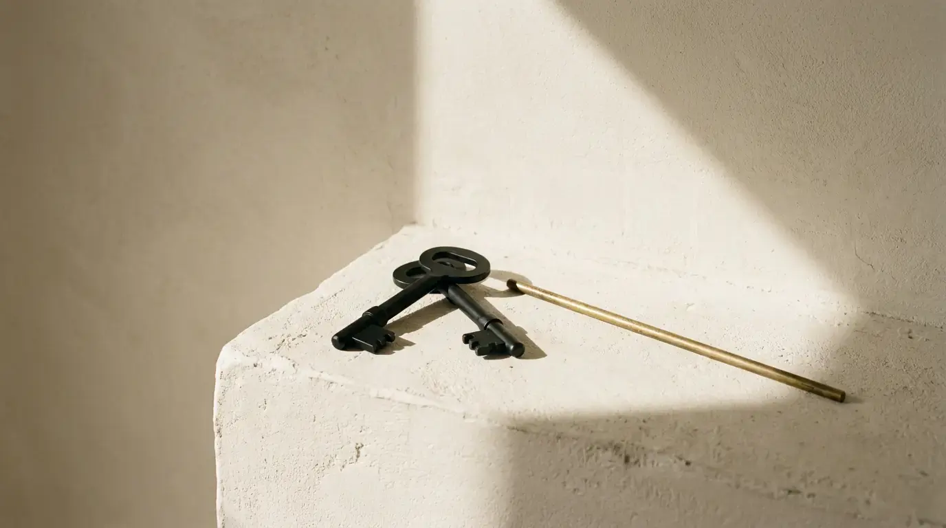 Two black iron keys crossed on the corner of a plaster ledge, a brass rod pointing away