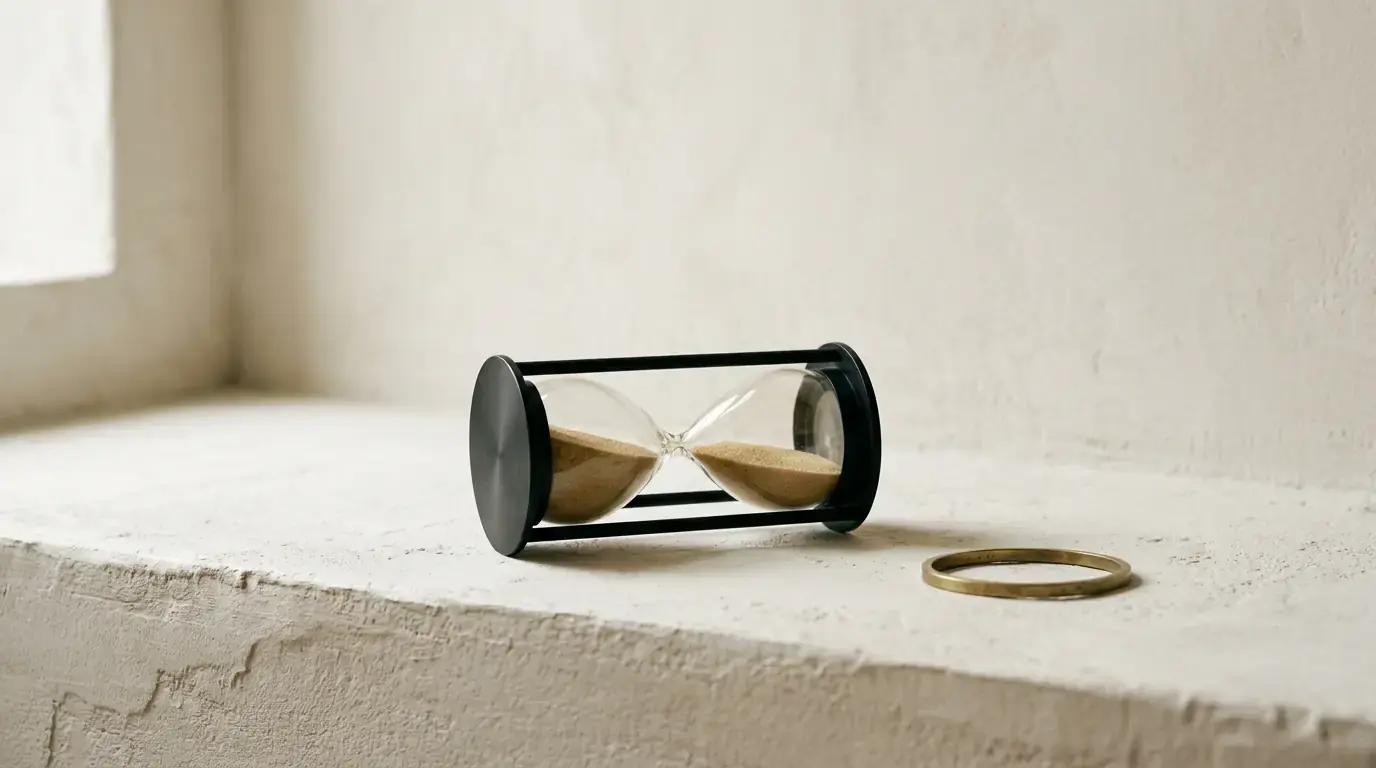 A black-framed hourglass lying on its side on a pale plaster ledge, a thin brass ring beside it.