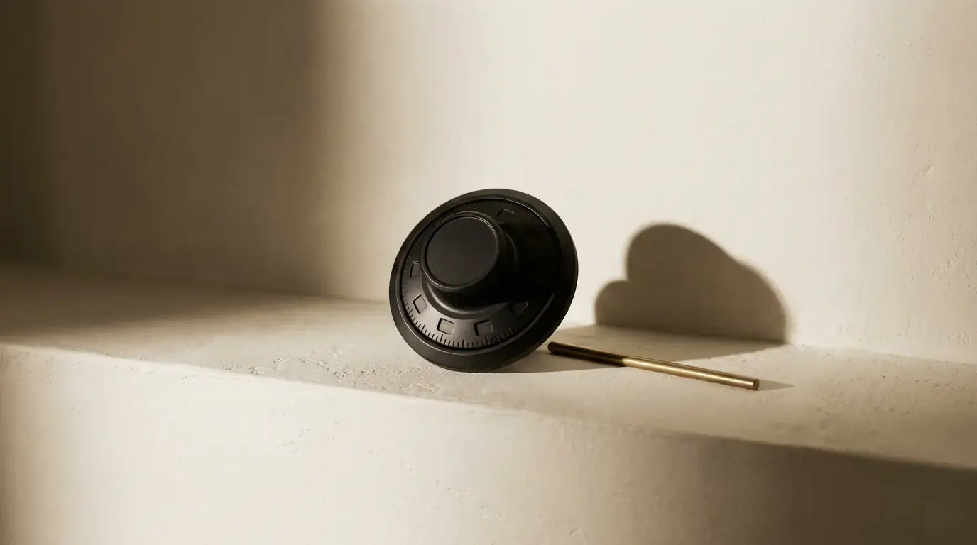 A black combination dial lying face up on a plaster step, a slim brass rod beside it