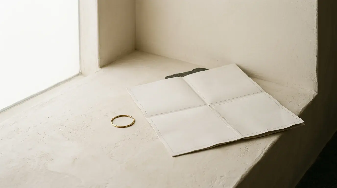 A folded instruction sheet opened out flat on a plaster ledge with a thin brass ring beside it