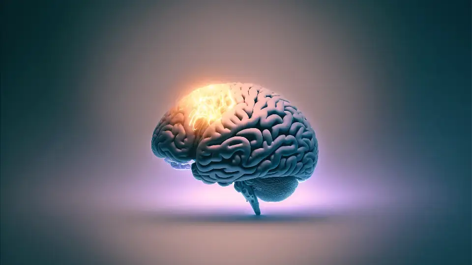 A glowing illustrated brain floating in soft violet light