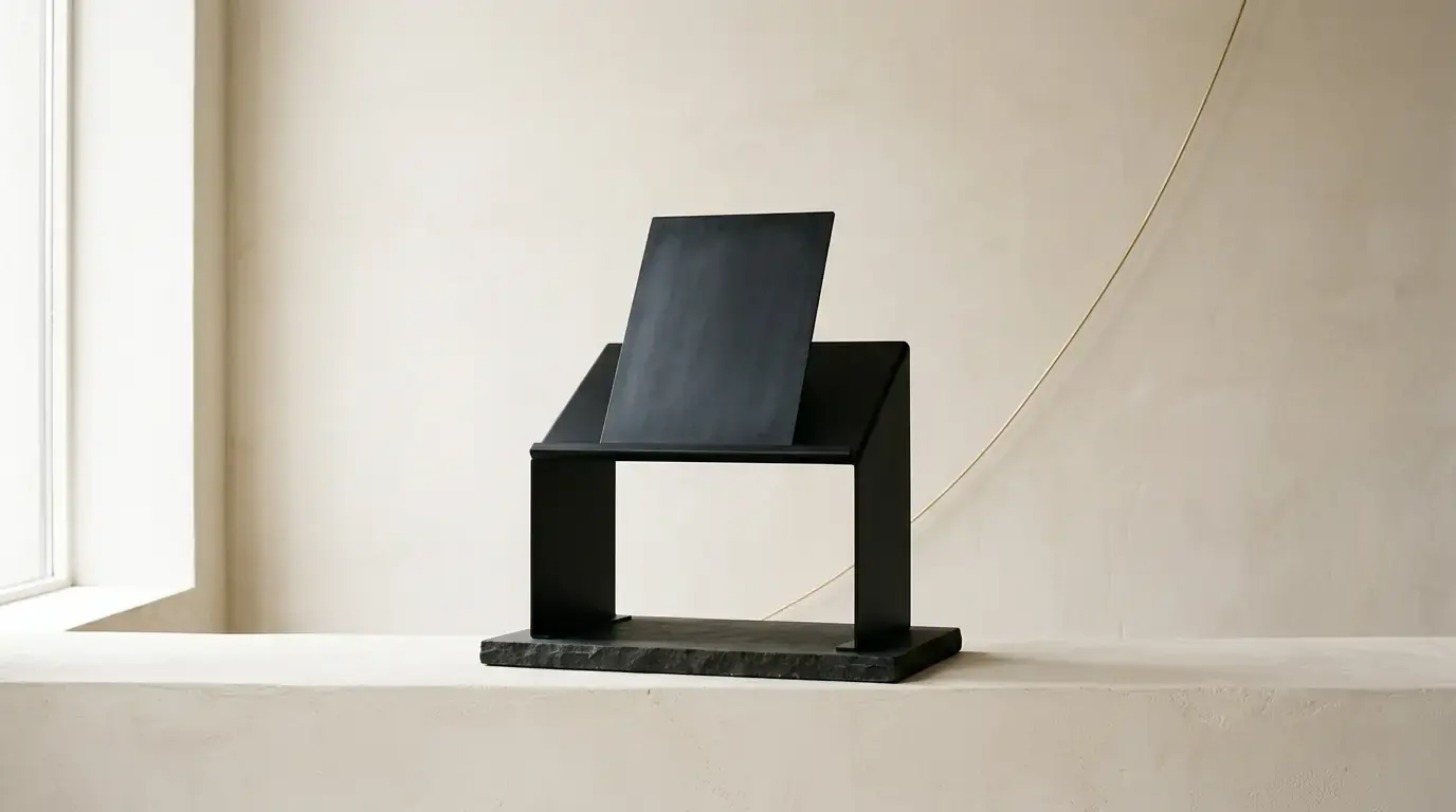 A black metal reading stand on a dark stone base holding a blank slate, a brass wire behind