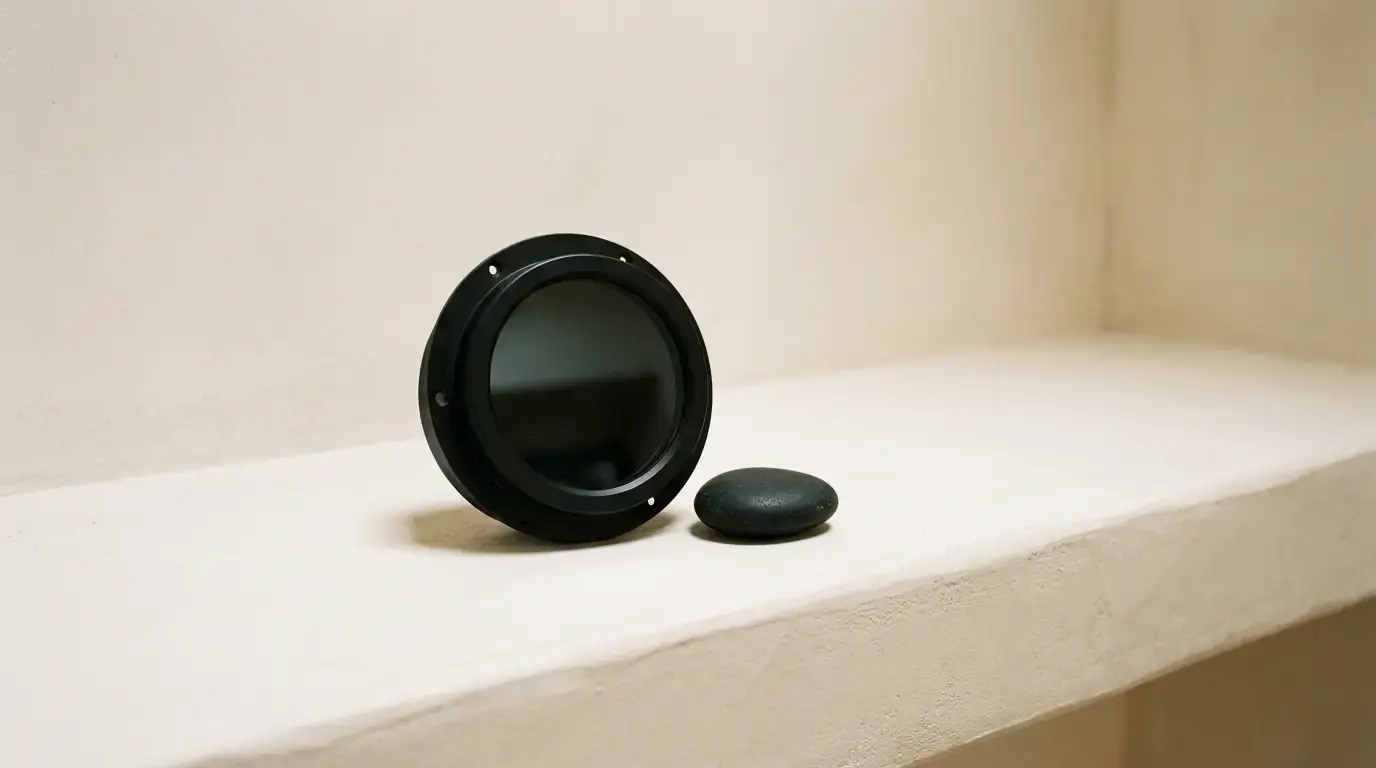 A black circular porthole housing with dark glass standing on a ledge beside a smooth stone