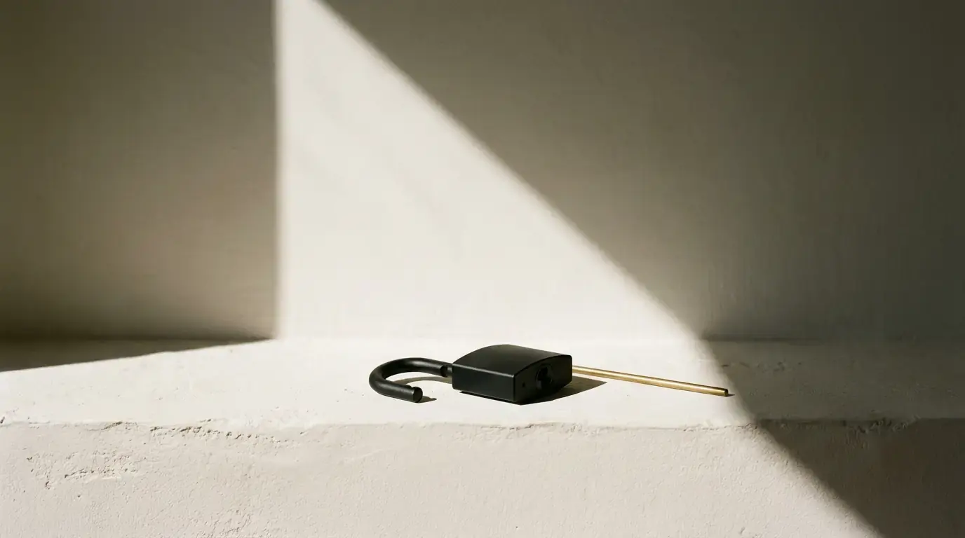 An open black padlock on a plaster ledge, a slim brass rod through its keyway, hard sunlight behind