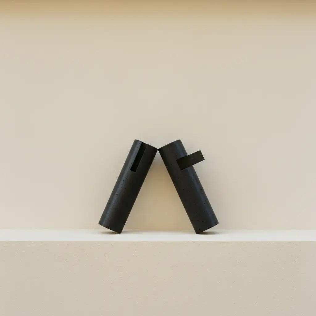 Two dark cylinders leaning together into an arch on a pale ledge, one cut with a slot, the other with a tab.