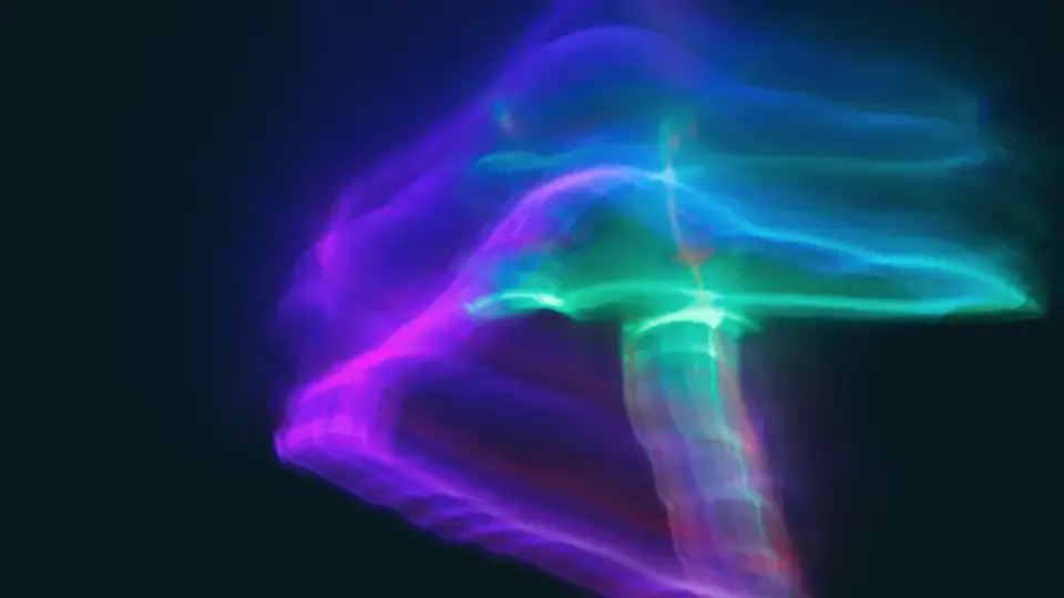 A twisting plume of blue, violet and green light on black
