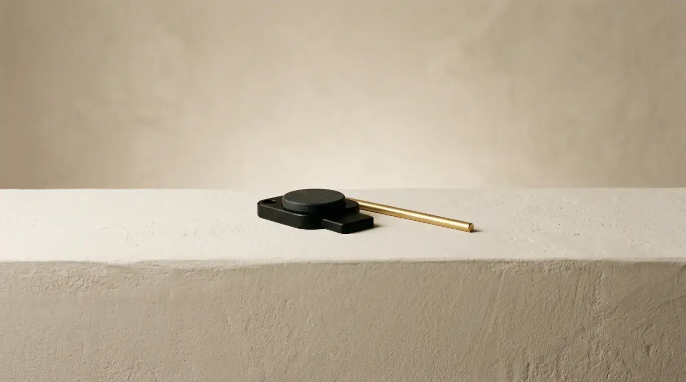 A small black security key with a round cap lying on a plaster ledge, a brass rod alongside