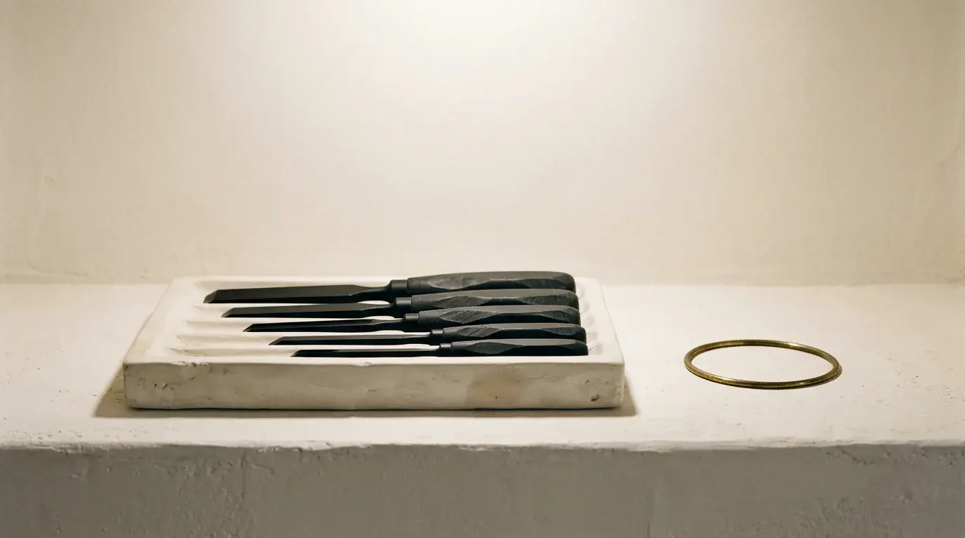 A canvas tool roll opened flat on a plaster ledge with its implements in a row, a brass ring alongside