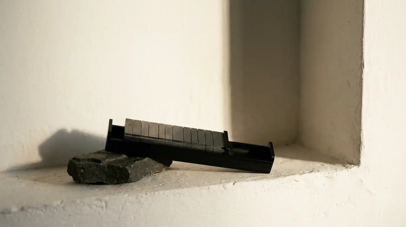 A black tray of upright metal plates in a row, propped on a rough stone in a window recess