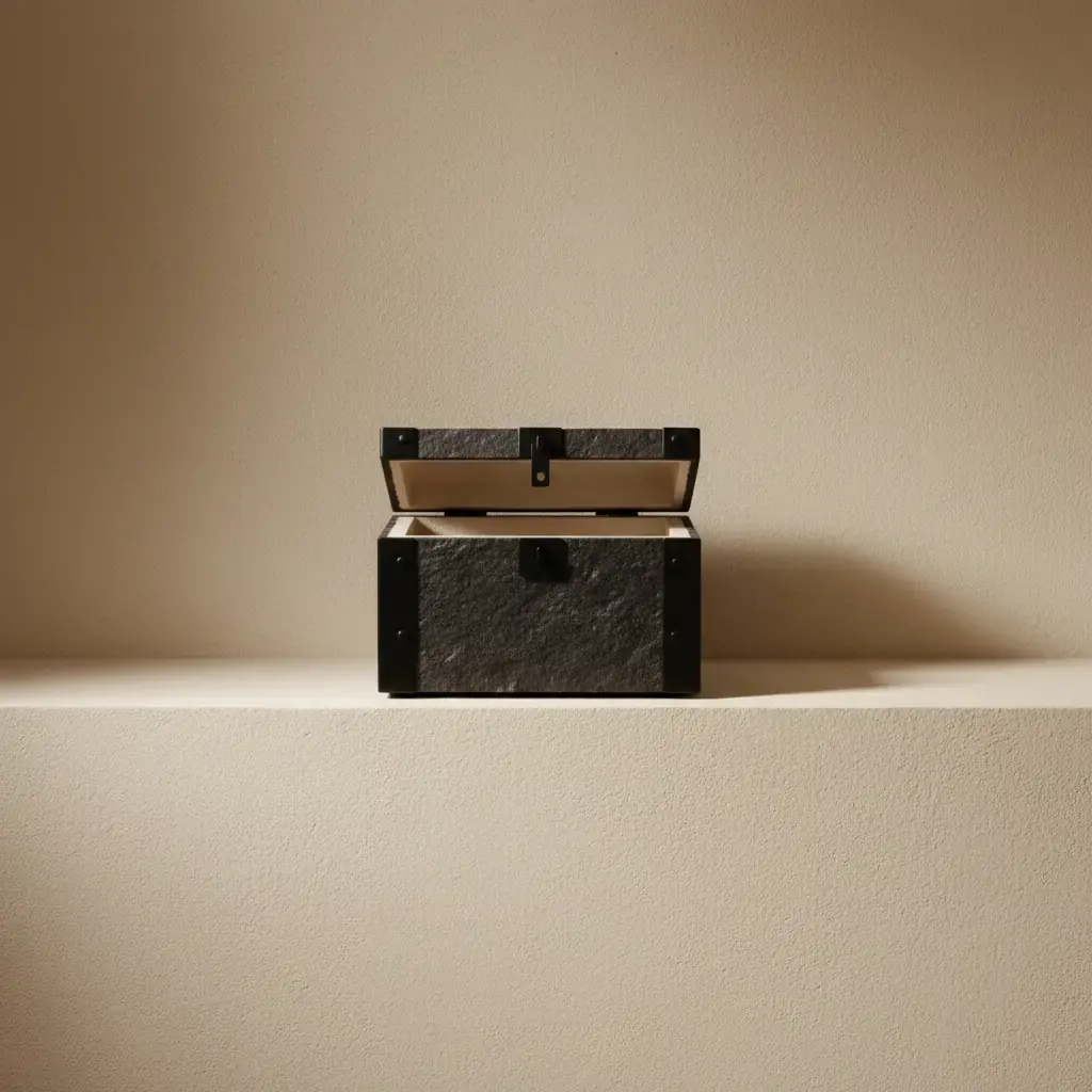 A small dark stone chest with iron corner brackets, its lid open on an empty pale interior