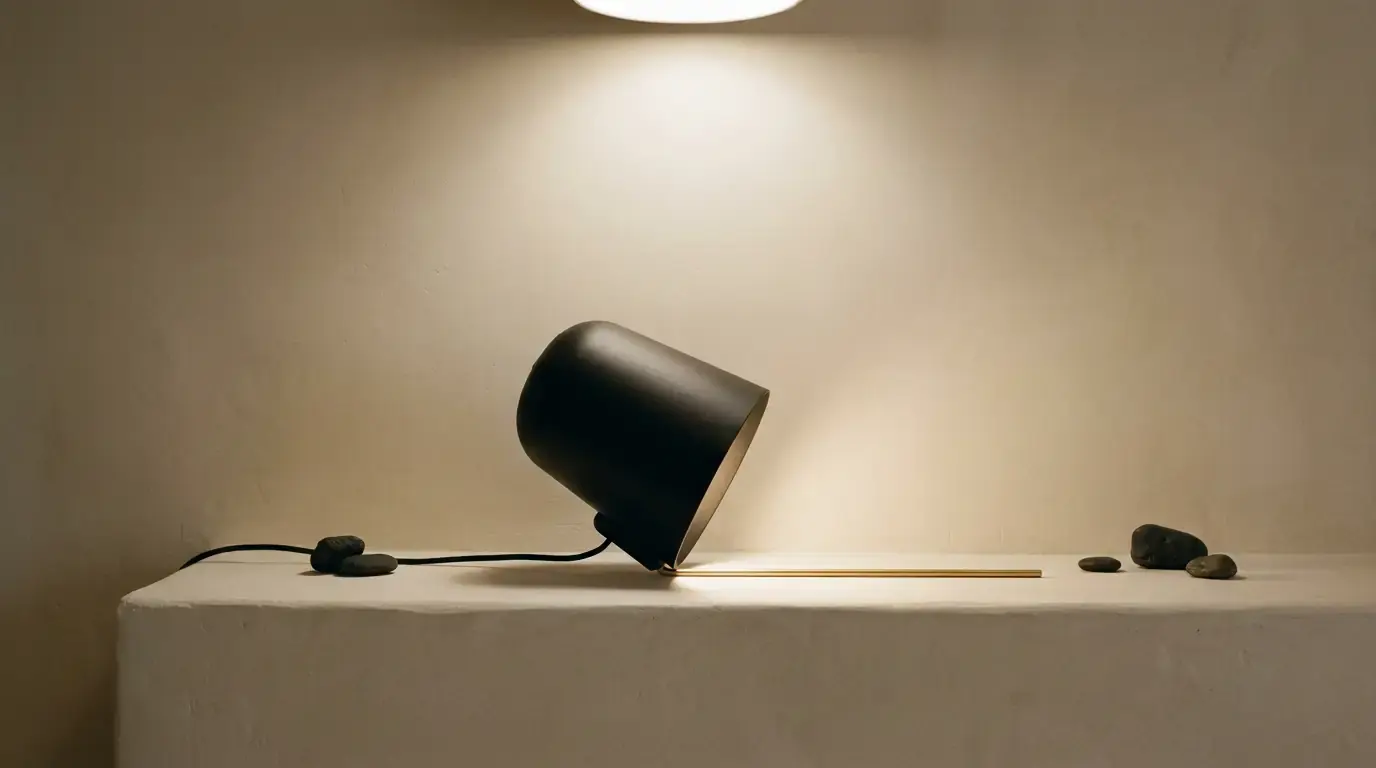 A black lamp shade tipped on its side on a ledge, throwing light down a brass rule