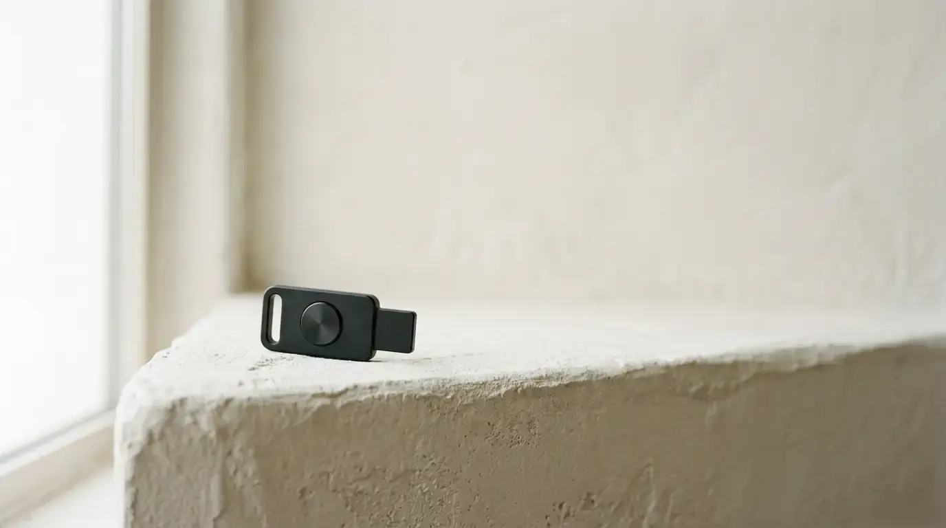 A small black security key with a round button lying flat on a plaster ledge by a bright window.