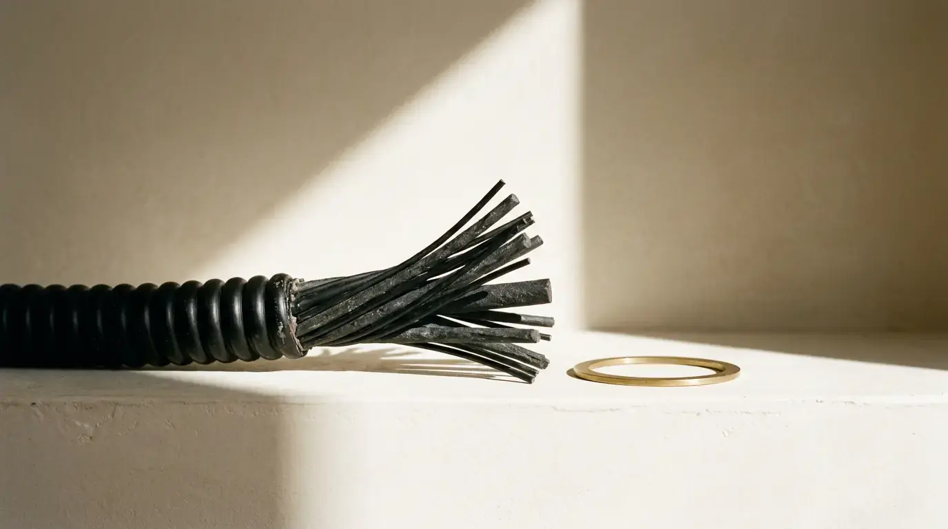 A ribbed black conduit with its end cut open and the inner wires splayed out, a brass ring beyond