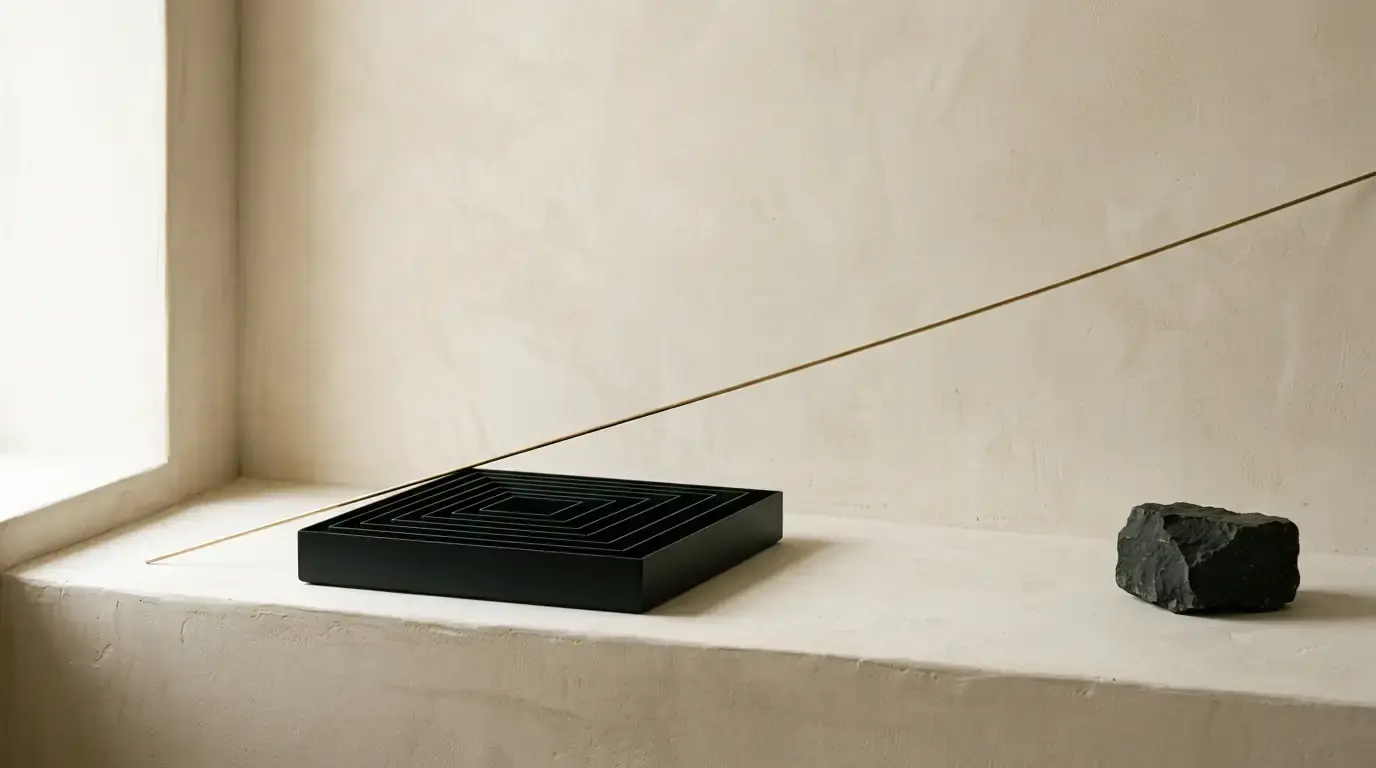 A flat black tray milled with concentric square grooves on a windowsill, a brass wire crossing above