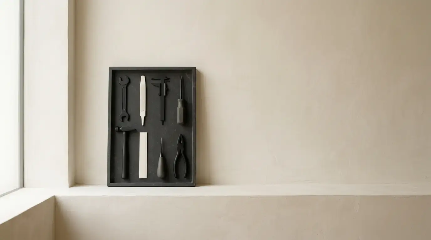 A dark tool tray of recessed cutouts holding a spanner, hammer, pliers and screwdriver