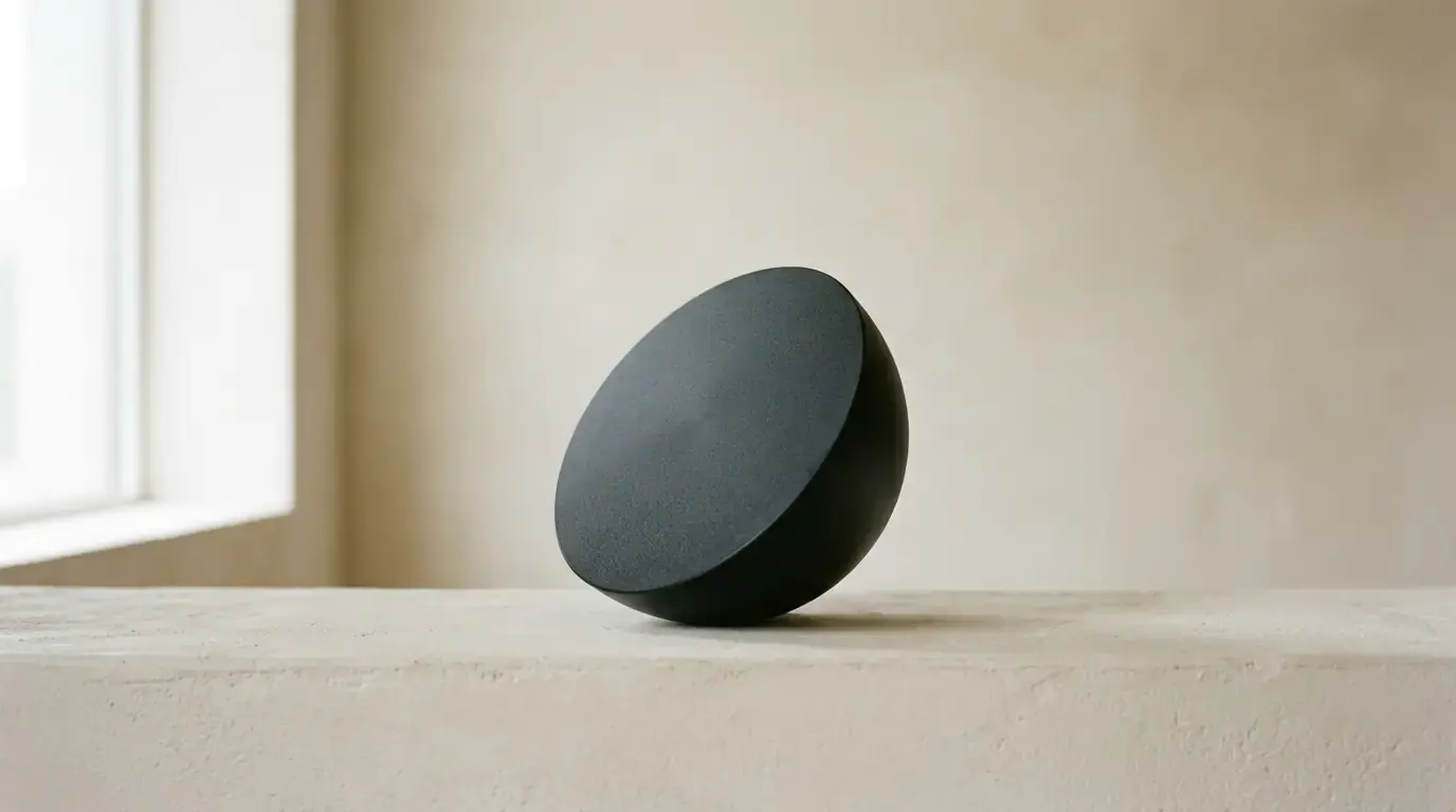 A dark hemisphere tipped on its curved side on a plaster ledge, its flat face toward the window