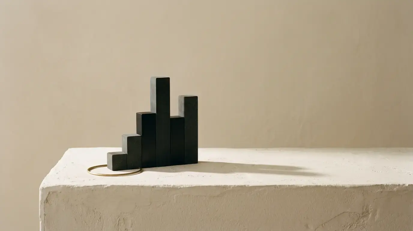 Five black and stone blocks standing as an uneven bar chart, a brass ring at their foot