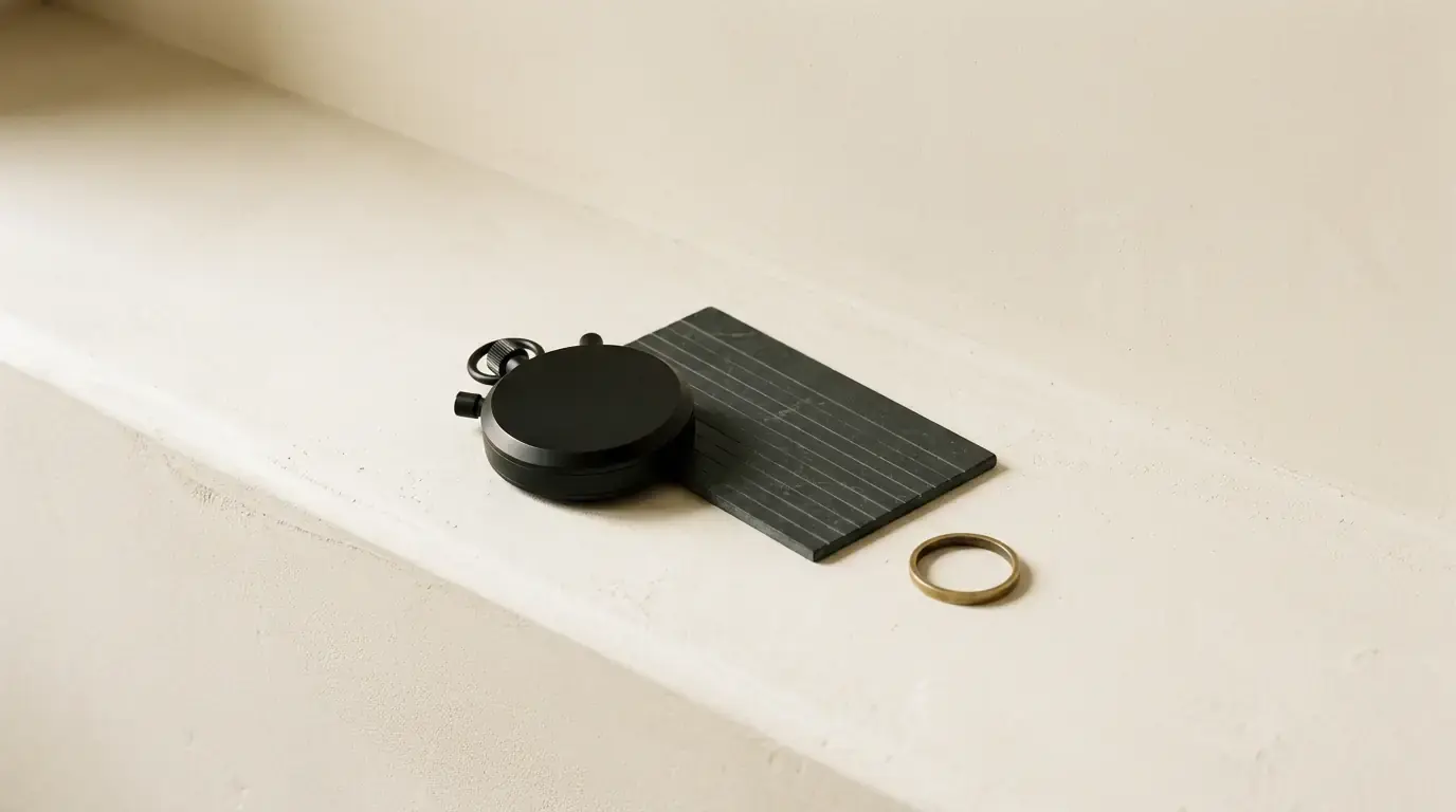 A black stopwatch resting on a ruled dark stone tablet on a plaster ledge, a brass ring beside