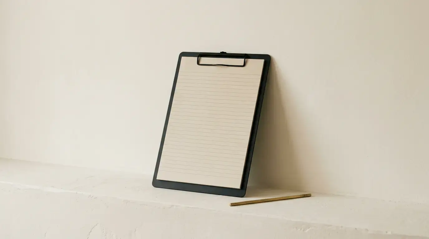 A dark clipboard holding a blank ruled sheet, leaning on a plaster ledge beside a brass rod.