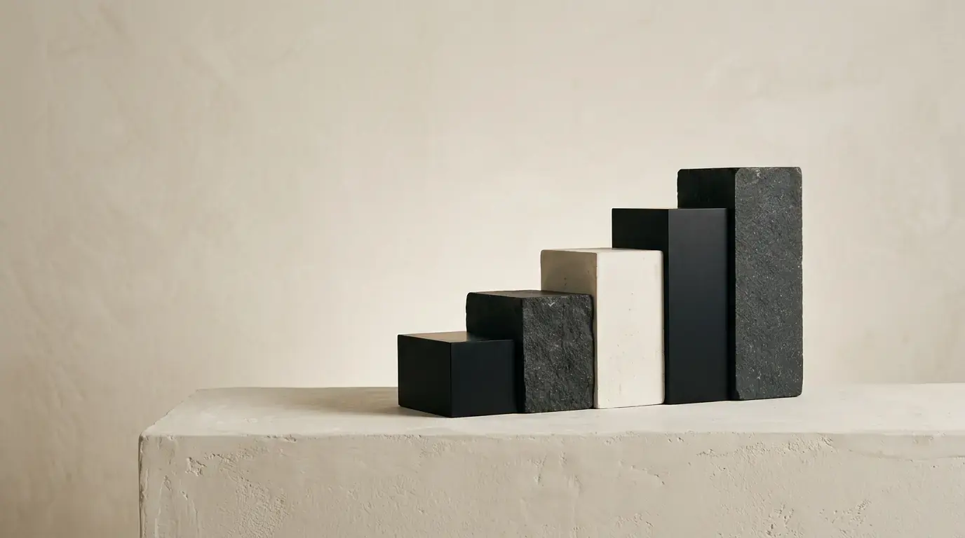 Five blocks of black metal, stone and pale plaster stepping upward across a plaster ledge