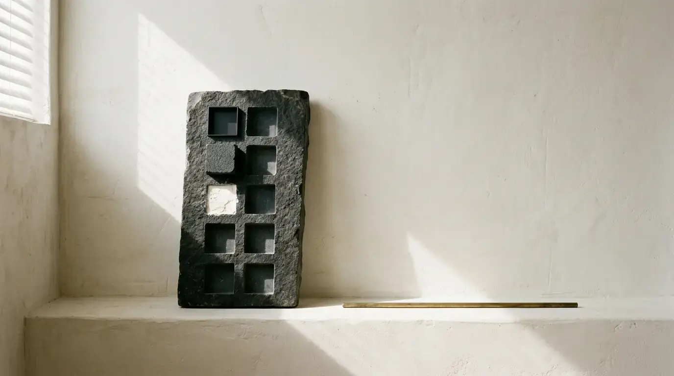 A dark stone slab cut with a grid of square recesses, standing on a windowsill beside a brass rod