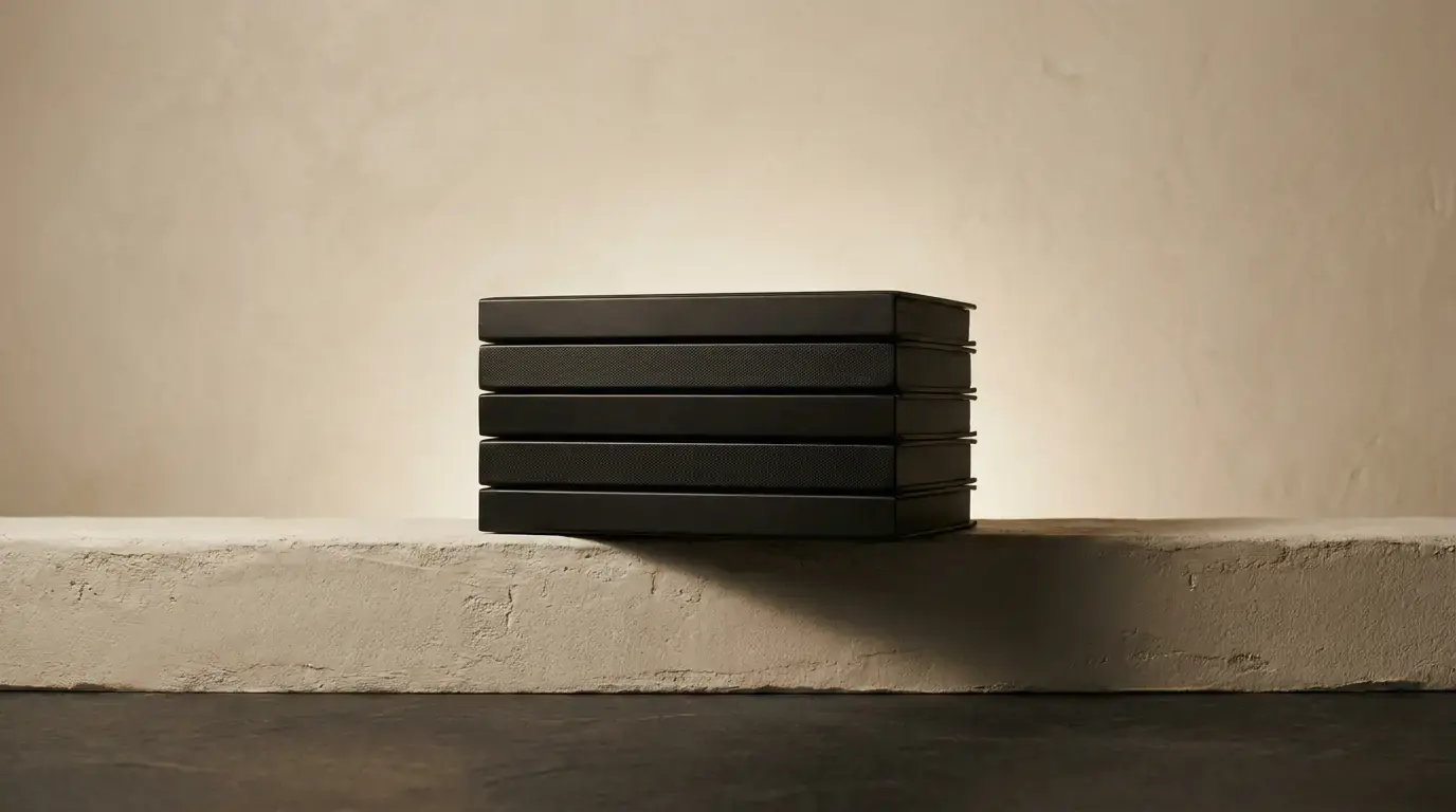 A stack of five slim black boxes on a plaster ledge, warm light behind them