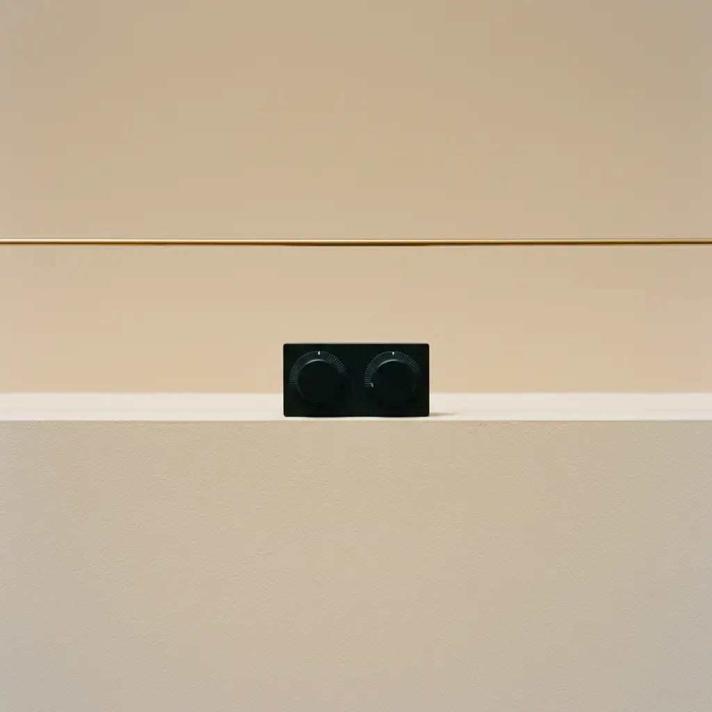 A small black two-dial control block on a pale ledge, a thin brass line across the wall behind