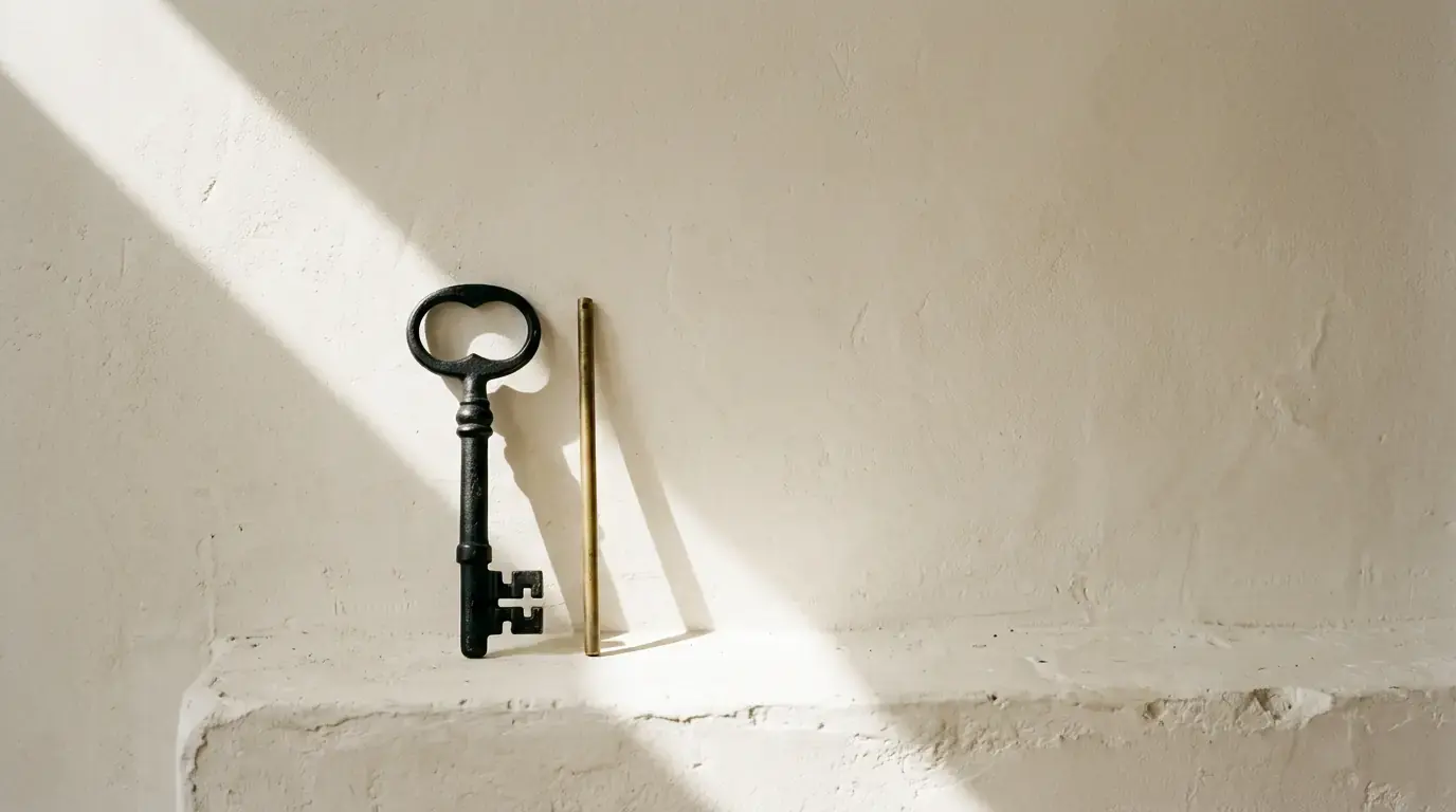 A black iron key and a brass rod standing side by side against a whitewashed wall in sunlight