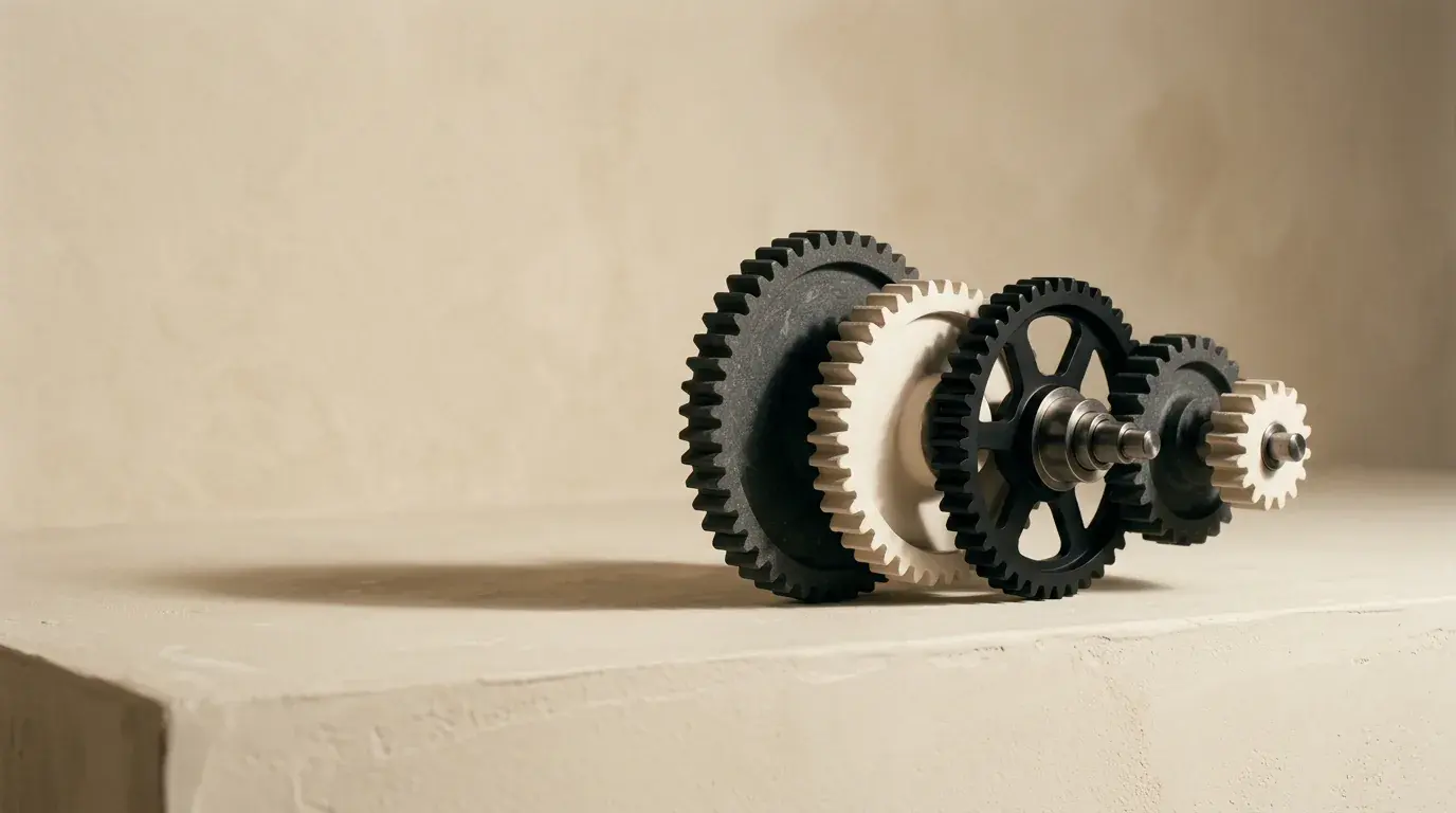 A row of interlocking cast gears of decreasing size standing on a plaster ledge