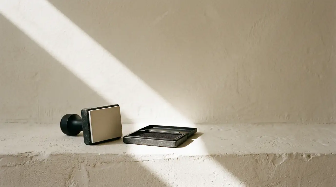 A black rubber stamp resting beside a shallow inking tray on a plaster ledge