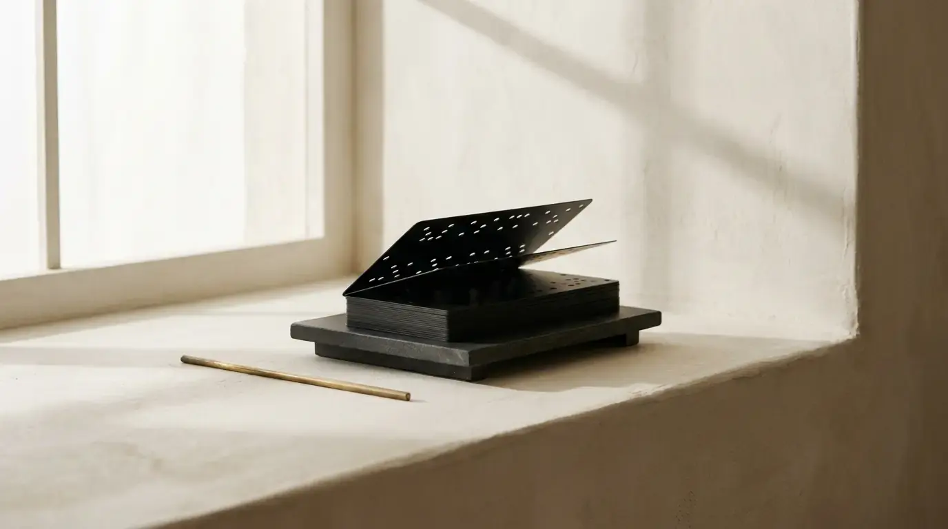 A black punched card raised open on a stack of cards, in window light on a plaster sill