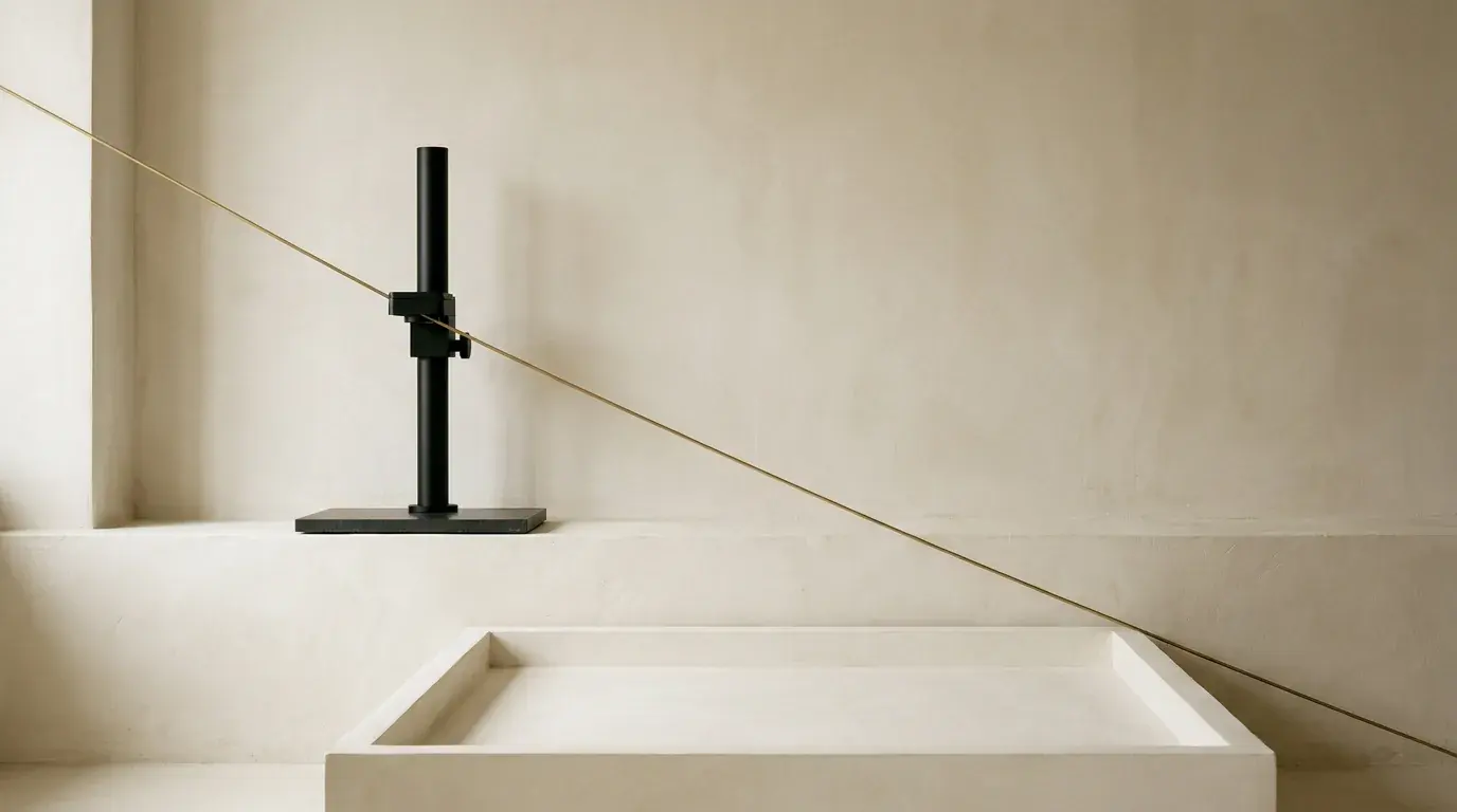 A slim black upright stand beside a shallow rectangular tray on a plaster ledge, a thin brass wire crossing the frame