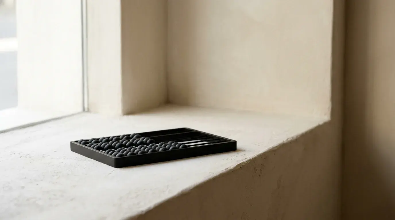 A shallow black tray of regularly spaced counters lying flat in a plaster window reveal