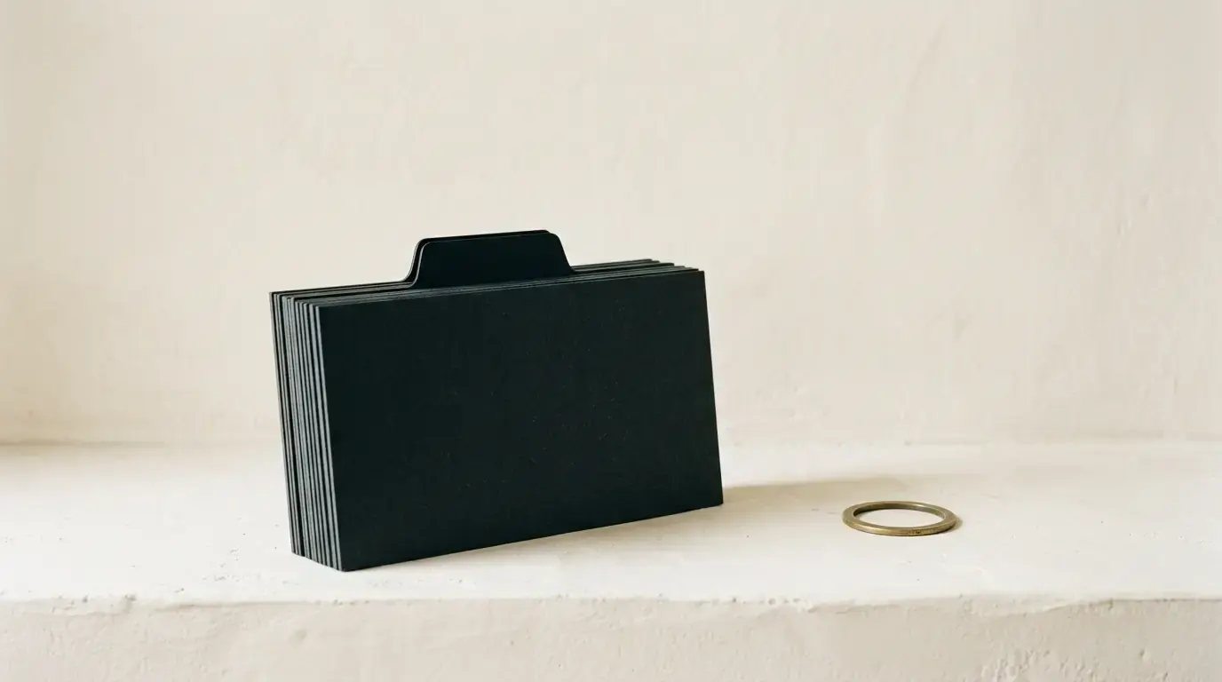 A thick stack of black filing cards with one tab standing proud, a brass ring on the ledge beside