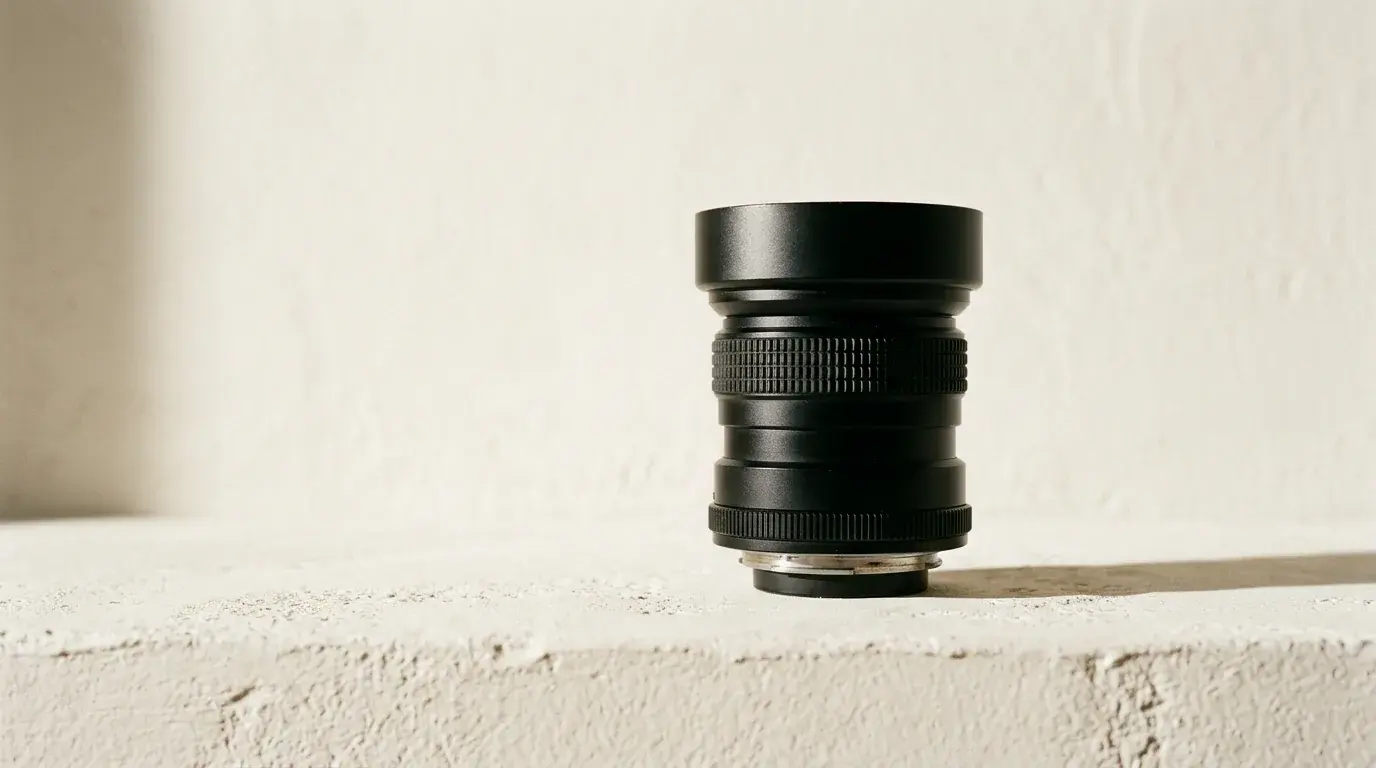 A matte black cinema lens standing upright on a plaster ledge, its focus ring in relief