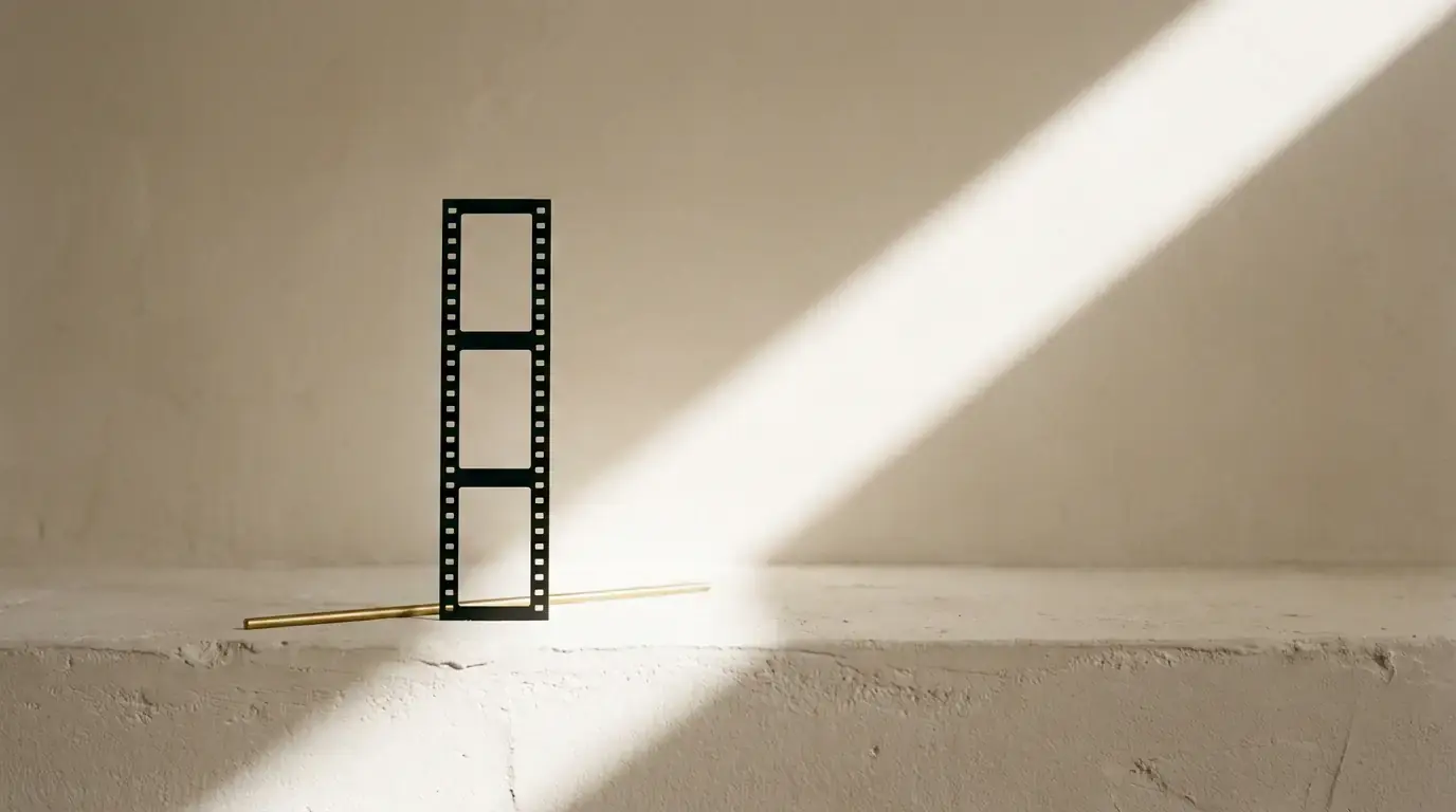A tall strip of empty film frames standing on a plaster ledge, a brass rod at its foot