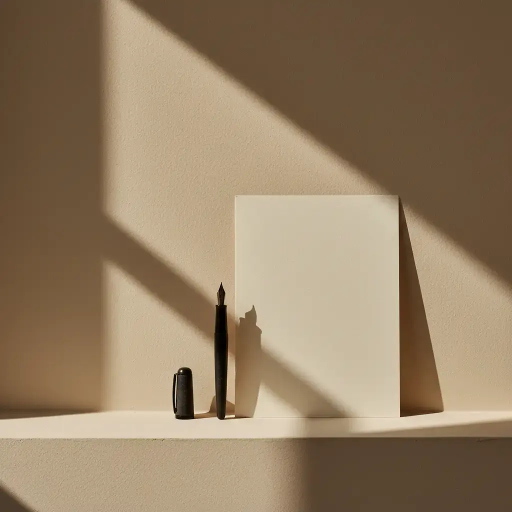 A black fountain pen standing upright beside its cap, a blank cream card leaning on the wall behind.