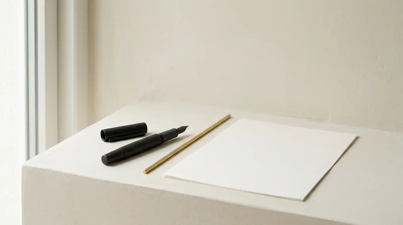 A black pen in two parts and a thin brass rod lying beside a blank sheet of paper on a plaster block
