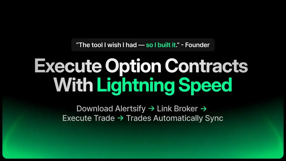Alertsify banner reading “Execute Option Contracts With Lightning Speed” above the steps Download Alertsify, Link Broker, Execute Trade, Trades Automatically Sync