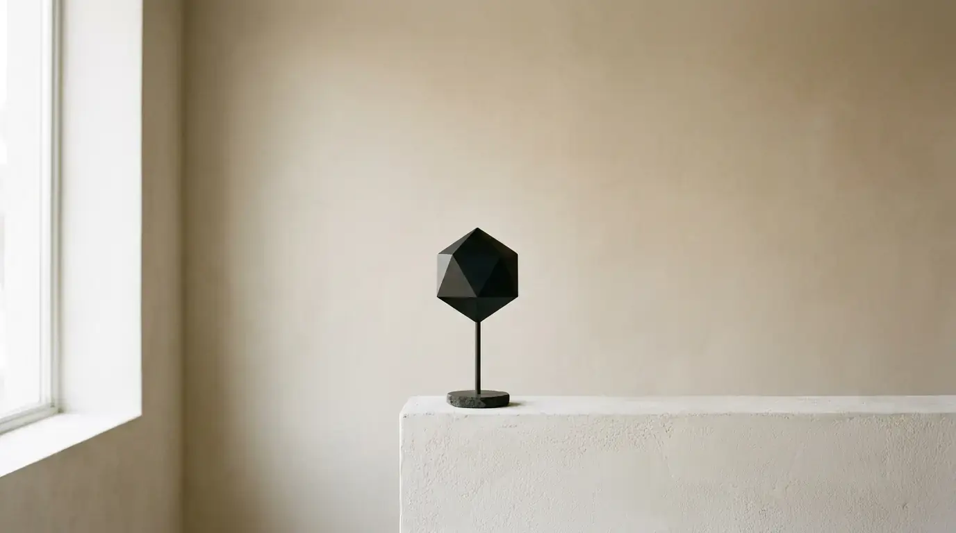 A small faceted black polyhedron on a slender stand, on a plaster block beside a window
