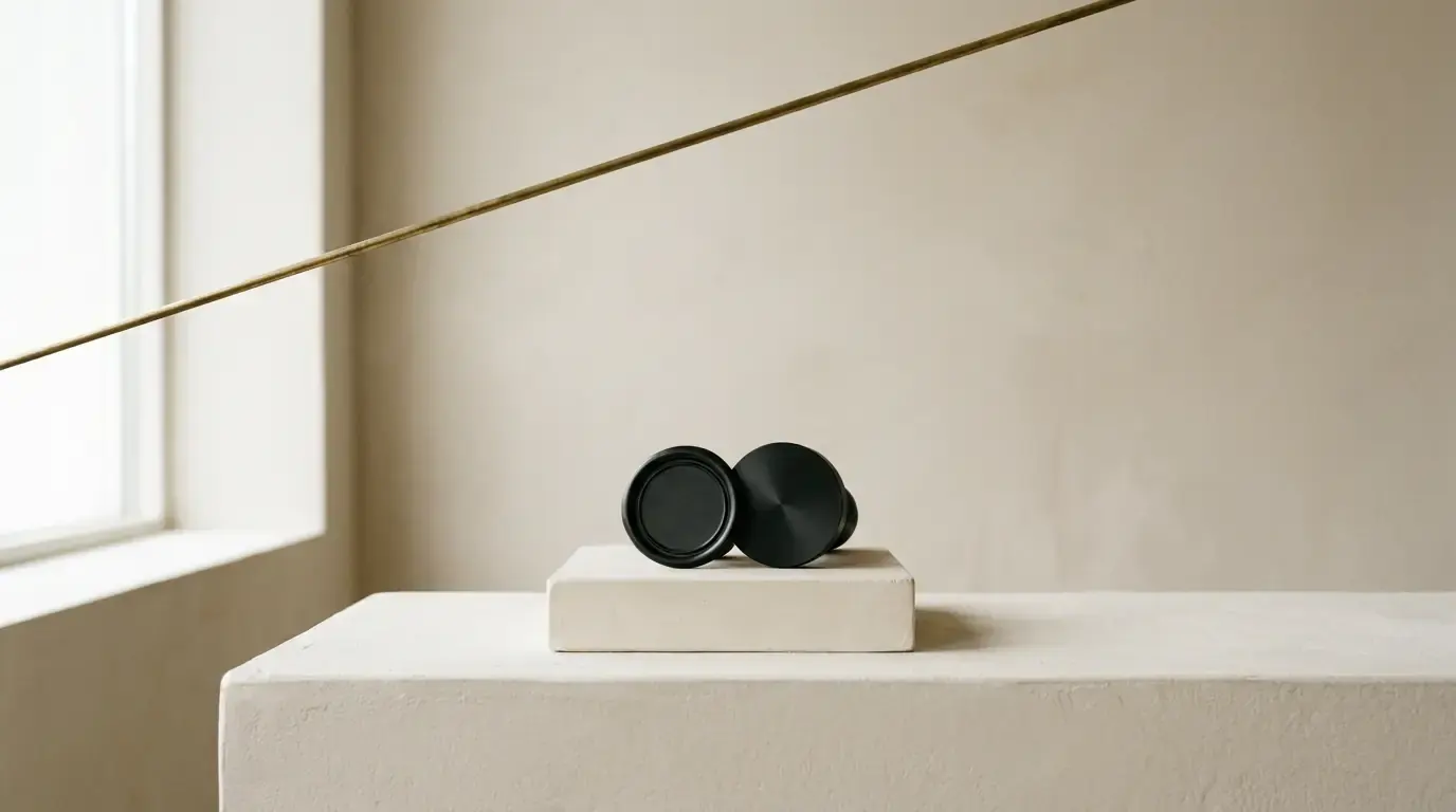 Two small black cylinders on a pale stone slab, a brass rod crossing the wall diagonally behind.