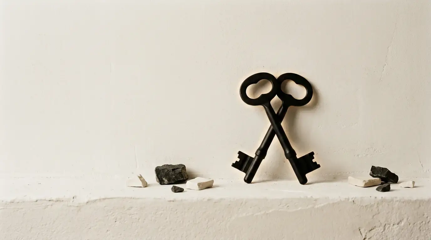 Two black iron keys crossed and standing against a pale wall, stone chips scattered on the ledge