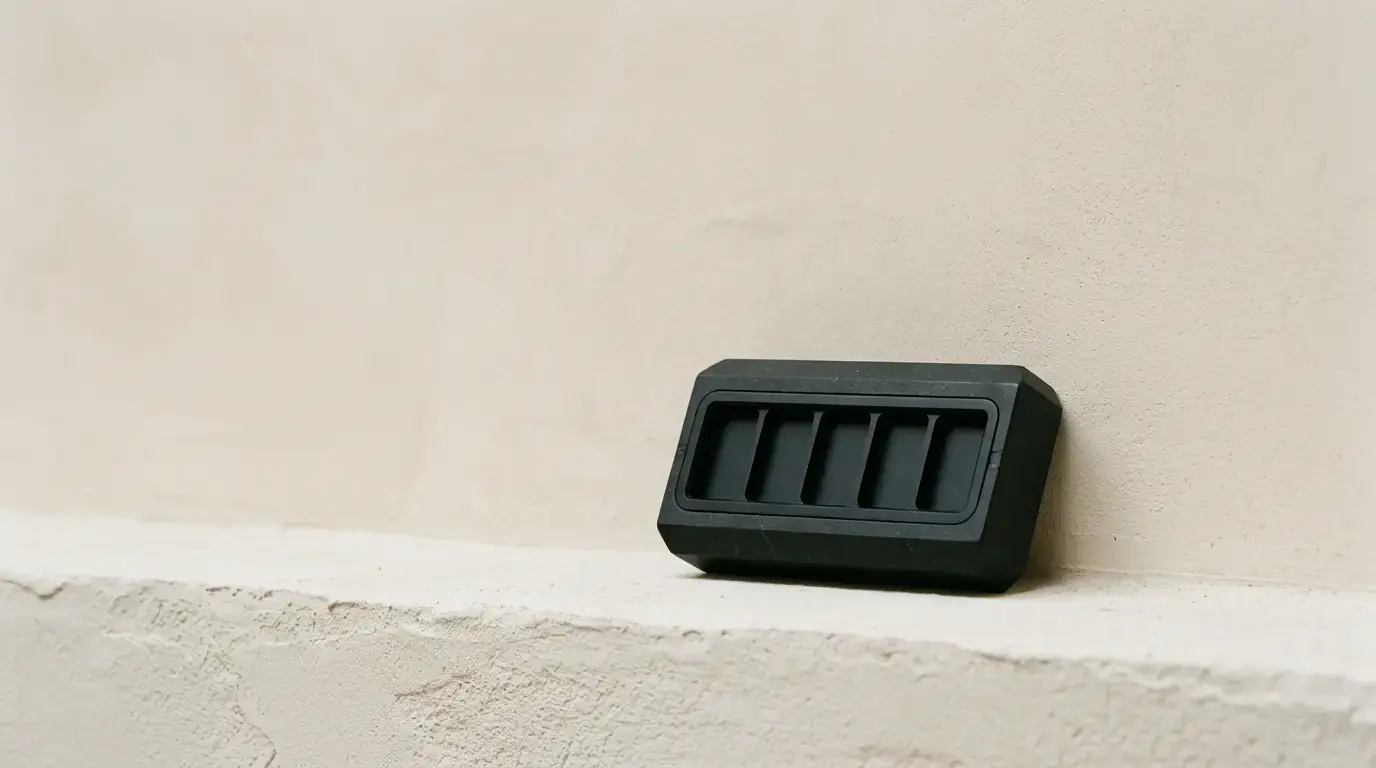 A black five-compartment tray lying on a plaster ledge against a bare wall, each slot empty.