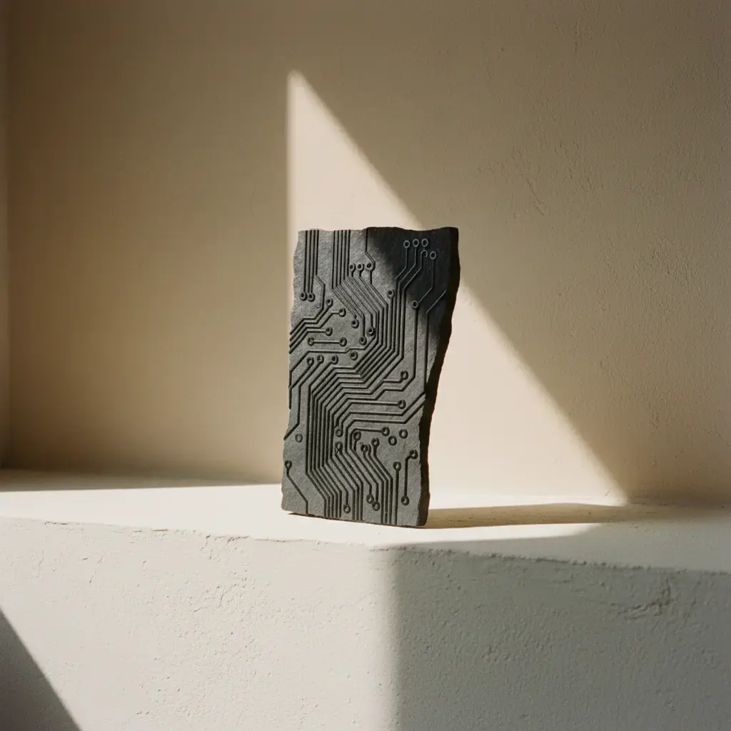 A rough stone slab incised with circuit traces, standing upright in a wedge of sunlight
