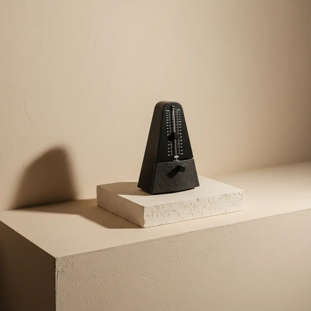 A black metronome standing on a pale stone block, its weight set partway up the scale