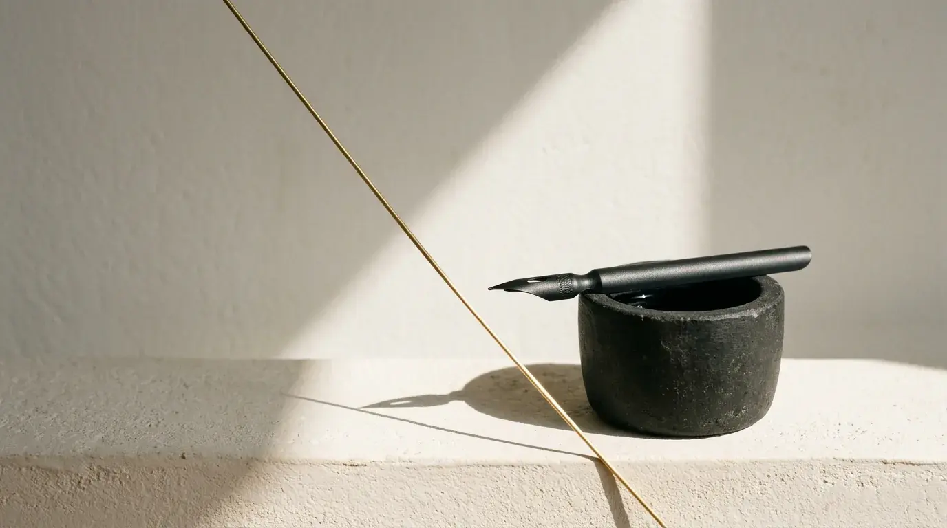 An uncapped fountain pen resting in a dark stone inkwell, a thin brass wire crossing the frame