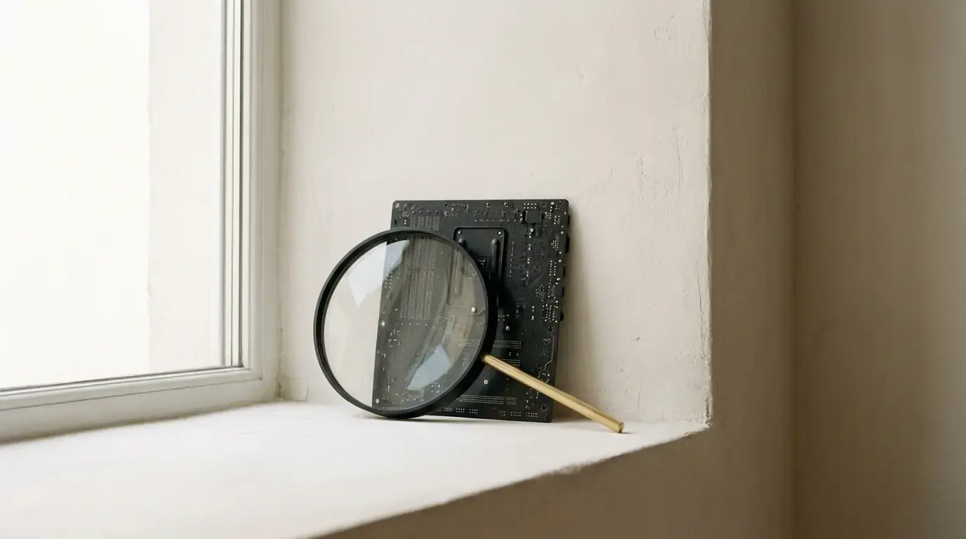 A magnifying glass leaning against a circuit board on a windowsill, a brass rod propped across